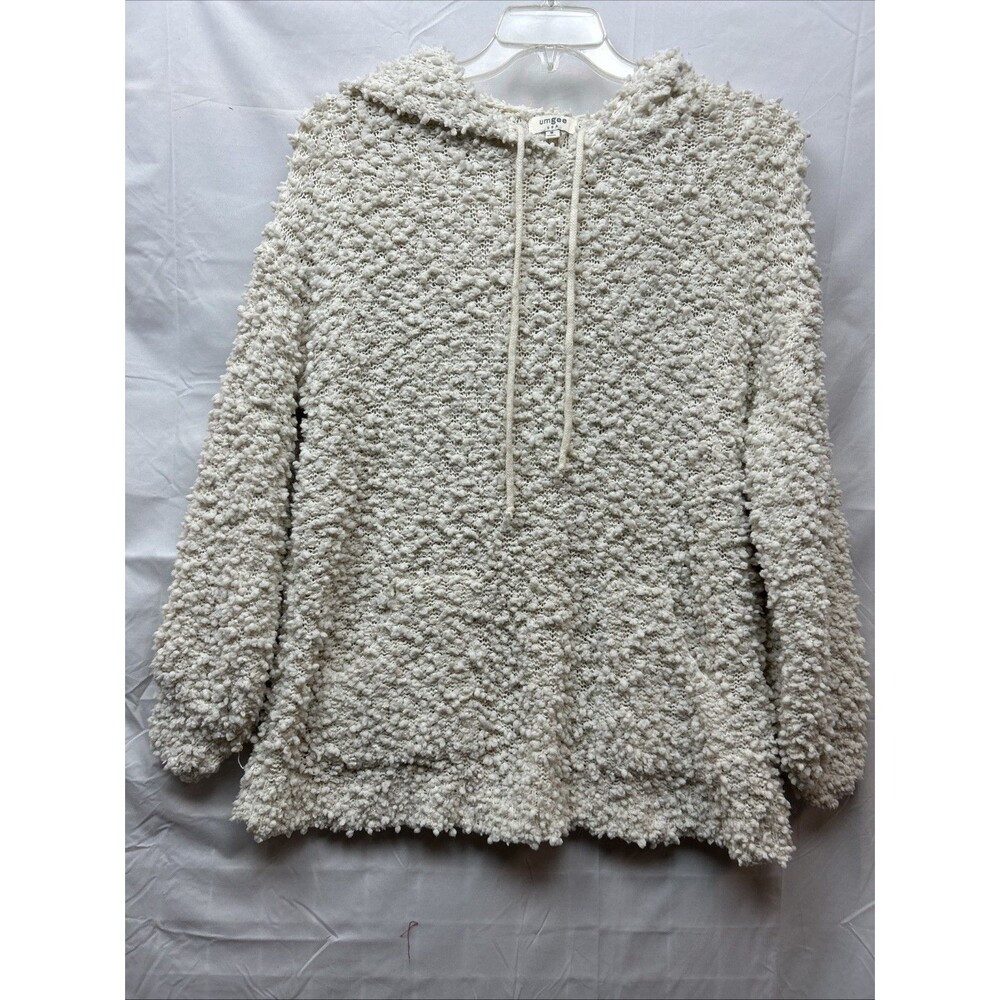 Umgee Cream Textured Popcorn Knit Pullover Sweater Hoodie Drawstring Pockets M